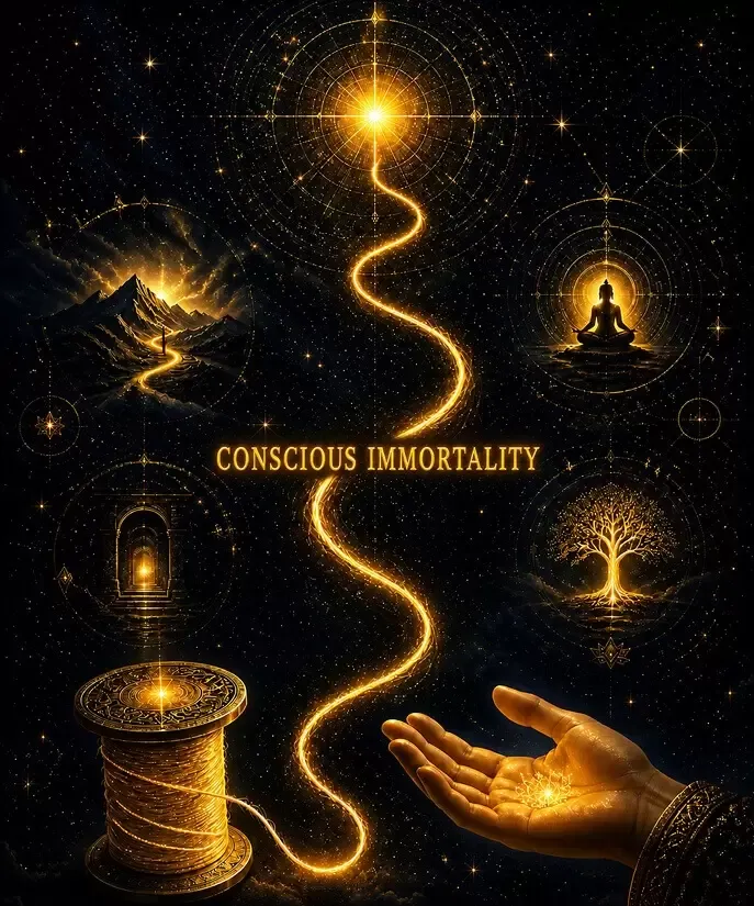 A symbolic golden path through a starry spiritual landscape