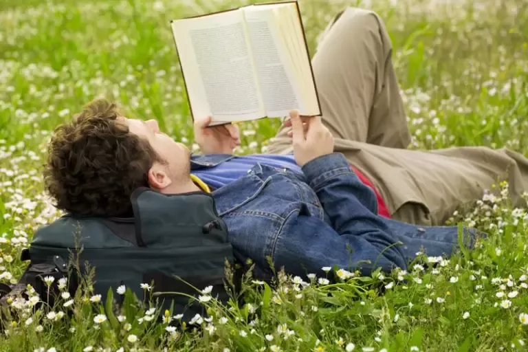 A person reading a book in a sunlit meadow